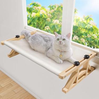 Imagem de Tresbro Poleiro de janela para gatos 2 em 1 e rede elevada para gatos, 39,9 cm L x 26 cm A x 48 cm C Cama para animais de estimação com moldura de madeira para gatos internos, fácil configuração