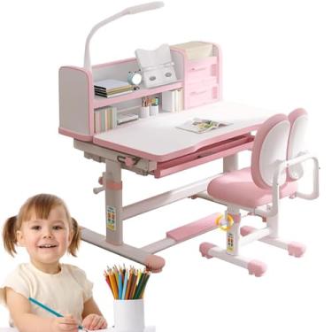 Imagem de SMIXLVY Conjunto de mesa e cadeira de estudo infantil rosa ajustável para quarto de meninas, mesa de estudo com grande quadro de escrita, estante e gaveta, conjunto funcional de mesa e cadeira com luz
