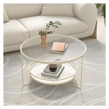 Imagem de Mesa de centro moderna redonda de vidro temperado, mesa de chá de 2 camadas com prateleira de armazenamento para sala de estar, varanda, mesa de escritório, mesa lateral com moldura de metal