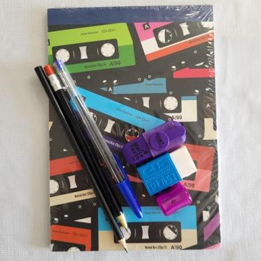 Imagem de Kit Anotação Retrô - Bloco de Notas com Lápis, Caneta, Borrachas e Apontador, Design Anos 90