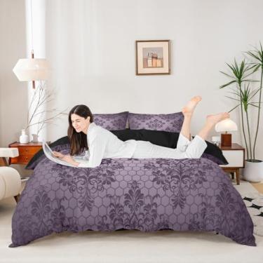 Imagem de Manfei Conjunto de capa de edredom damasco para adultos, tamanho casal, geométrico, colmeia estampada, 3 peças, capa de colcha floral vintage roxa gótica, decoração de quarto de adolescentes, homem e