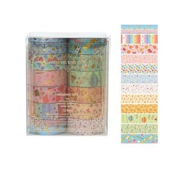 Imagem de Conjunto de adesivos Washi com 12 rolos de 2 m, padrão de bronzeamento decorativo para artes, artesanato, materiais de diário, scrapbook, cartão
