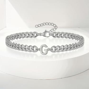 Imagem de Tornozeleiras femininas com inicial de prata, preenchidas com ouro 14K, tornozeleiras de elos cubanos feitas à mão, Large, Aço inoxidável, Sem Pedra Preciosa