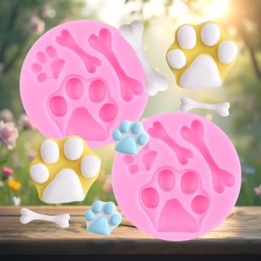 Imagem de Moldes de fondant de pata de gato molde de silicone osso de pata de cachorro para decoração de bolos topo de cupcake chocolate doce argila polímero conjunto de 2
