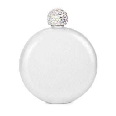 Imagem de Mini cantil redondo portátil feminino, garrafa de viagem compacta revestida com glitter de aço inoxidável 304, frasco de álcool redondo de prata portátil de aço inoxidável com tinta brilhante frasco