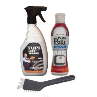 Imagem de Kit De Limpeza Para Grelhas Em Inox De Churrasqueiras e Desengordurante Para Vidros 3 Produtos - Limpa a Grelha - Escova para Esfregar - Pasta de Polir - Dar Brilho e Remove Manchas
