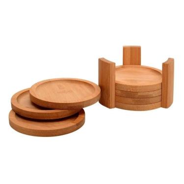 Imagem de 2X Jogo Porta Copos Redondo Bambu 6 Peças E Suporte Mimo Sty