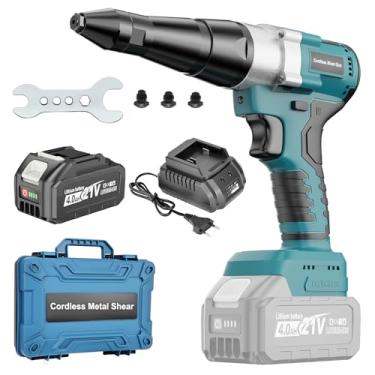 Imagem de LAKIX Pistola de rebite sem fio, pistola de rebite elétrica com bateria de 4,0 Ah, kit de ferramentas de rebite elétrico resistente com motor sem escova com luz LED para rebites de 1/8 '', 5/32 pol, 3