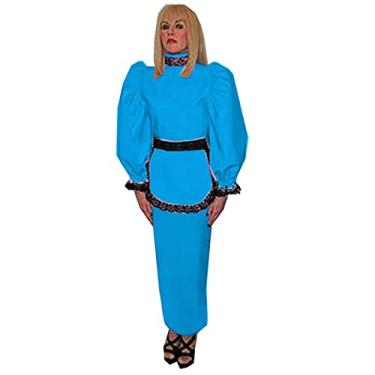 Imagem de Vestido longo de gola alta de PVC sólido com manga maricas vestido longo tamanho grande vestido de empregada francesa, azul lago, 5GG