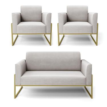Imagem de Sofá Namoradeira Com 2 Poltronas Base Industrial Alta Dourado Marisa Veludo D03 - D\'rossi Cor Cinza