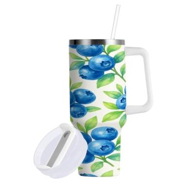 Imagem de ATTX Copo com padrão de mirtilo aquarela de 1,134 g com alça - Caneca de viagem de aço inoxidável isolada a vácuo, copo de café à prova de vazamento com canudo #761