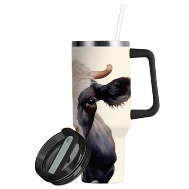 Imagem de ATTX Copo engraçado de vaca de 850 g com alça, copo de aço inoxidável a vácuo de parede dupla com palha, caneca de café de viagem isolada #840