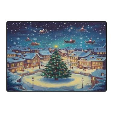 Imagem de Blueangle Tapetes de Natal laváveis de 12 x 16,7 cm para sala de estar - Tapete ultramacio antiderrapante resistente a manchas com desenho animado de cidade na neve, decoração de férias para quarto e