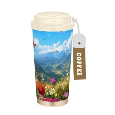 Imagem de SEHANY Caneca de viagem colorida de ervas silvestres de 500 ml Copos de café reutilizáveis revestidos de cerâmica com tampa à prova de vazamento, parede dupla, isolamento a vácuo, copo de café de aço