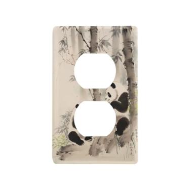Imagem de Blueangle Placa de parede dupla de bambu panda chinês, tamanho padrão, placas de cobertura de tomada elétrica de 1 gangue para decoração de quarto de escritório em casa, 4,53 x 2,76 polegadas (202)