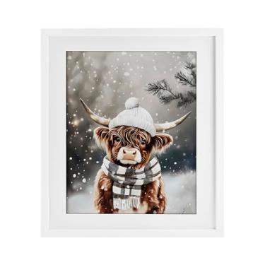 Imagem de Stupell Industries "Cozy Winter Highland Calf", impressão emoldurada sob vidro, branco, 33 x 40 cm