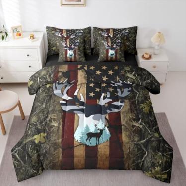 Imagem de Feelyou Conjunto de cama queen de veado rústica, cabana rústica, 7 peças, para crianças, meninos, meninas, decoração de cervo, caça, edredom com lençóis, fronhas e capa de almofada, bandeira americana