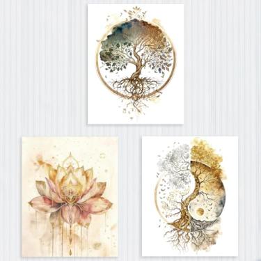 Imagem de 3 peças de decoração de parede de árvore tradicional da vida e flor de lótus sem moldura, decoração de parede de árvore de Taichi para casa, corredor, sala de estar, banheiro, quarto, presentes de