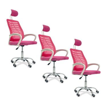 Imagem de Kit 3 Cadeiras Escritório Diretor Tela Mesh Com Encosto Rosa