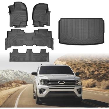 Imagem de Mixsuper Tapetes de chão para Ford Expedition Max 2018-2024 modelos 8 lugares, tapete de porta-malas para todos os climas e forros de piso de 3 fileiras preto