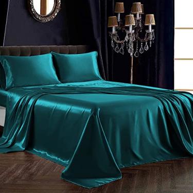 Imagem de PURE ECO Jogo de cama casal de seda de amoreira - Jogo de cama de 4 peças - Bolso de 40,6 cm - Lençóis de cama e fronhas luxuosos, amigo da pele e respirável - Charmeuse Silk para cuidados com o