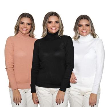 Imagem de Kit 3 Blusas Feminina Tricô Manga Longa Gola Alta Lã Inverno Casual - 