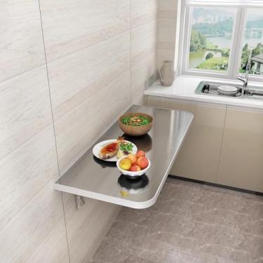 Imagem de Bancada de trabalho dobrável de aço inoxidável montada na parede com prateleira de armazenamento para escritório, casa, cozinha, estudo, mesa flutuante resistente com economia de espaço (50 x 30 cm)