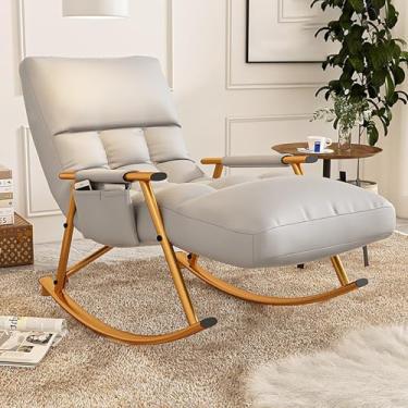 Imagem de Cadeiras de balanço de metal para sala de estar, quarto, com encosto alto, poltrona de encosto alto. Cadeiras de balanço com suporte de 200 kg, cadeiras de balanço modernas (cinza, pernas douradas)