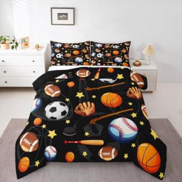 Imagem de Feelyou Jogo de cama solteiro com edredom de futebol e basquete, para crianças, meninos, meninas, esportes, preto, para decoração de quarto, microfibra, 2 peças com 1 fronha