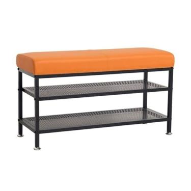 Imagem de CFGH6FDF Banco de sapato para armário de sapatos, banco de sapatos de 2 camadas com selim de armazenamento, organizador de sapatos de metal com assento acolchoado para entrada, organizador de