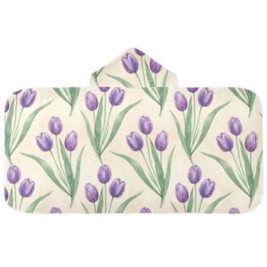 Imagem de Burbuja Toalha de banho com capuz de tulipa violeta para crianças, toalha de praia de pelúcia macia absorvente para meninas e meninos 3-10 anos, 61 x 127 cm