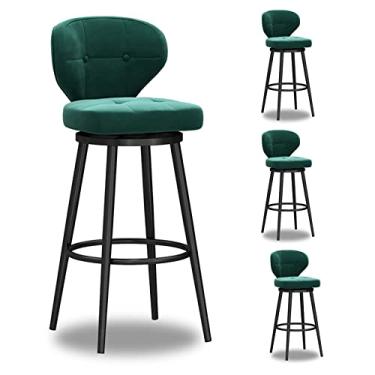 Imagem de Bancos de bar estofados de veludo moderno conjunto de 4, bancos de bar com altura de balcão com encosto e pernas de metal, cadeiras de jantar giratórias com apoio para os pés para ilha de cozinha, bar