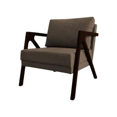 Imagem de Poltrona Sala De Estar Base Madeira Maciça Monique Castanho Marrom Linho