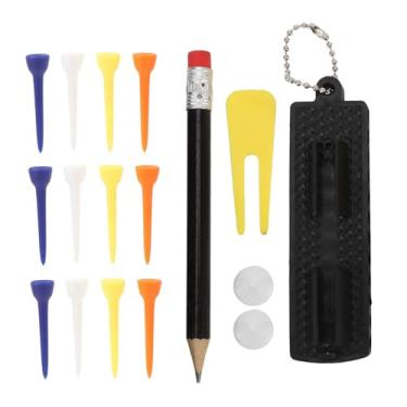 Imagem de plplaaoo Kit de suporte Club Tees conjunto de acessórios de golfe de plástico premium inclui 12 camisetas 2 marcadores de bola, lápis de ferramenta Divot para golfistas, design compacto preto para