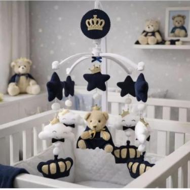 Imagem de Móbile Musical de Berço Bebê Ursinho Príncipe Azul Marinho e Dourado -