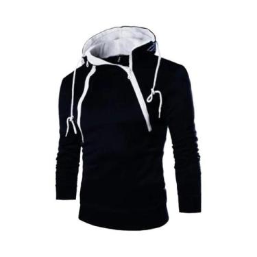 Imagem de Jaqueta Masculina Preta Com Capuz E Zíper, Manga Longa, Gola Alta, Est