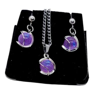 Imagem de Colar Brinco Feminino CHOKER Aço Inox Pérola ESPIRAL ROXO - ASA