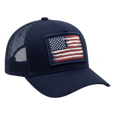 Imagem de Boné Country Trucker EUA Bandeira Agro Farm Fazenda Aba Curva Azul Marinho com Tela Respirável e Fechamento Snapback