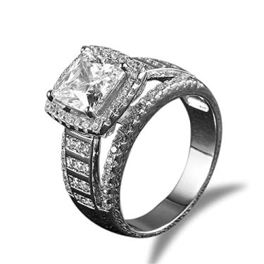 Imagem de ICEDIAMOND Anel princesa corte diamante rapper casamento anel de noivado tom platinado, joia hip hop banhada a ouro zircônia cúbica para homens e mulheres, 8, Latão, Zircônia cúbica