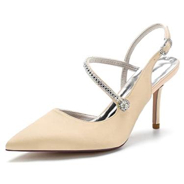Imagem de Sapato feminino bico fino casamento strass Mary Jane salto festa vestido sapatos formatura cetim slingback oblíquo, Champanhe, 9.5