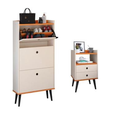 Imagem de Kit Quarto Sapateira Vertical 3 Gavetas Basculantes Dark e Mesinha Lateral Pequena com Nicho Organizador Dream Off White/Cinamomo – RPM