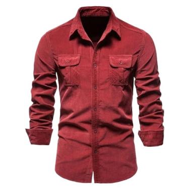 Imagem de WOLONG Camisas masculinas de veludo cotelê, manga comprida, caimento justo, cor sólida, gola virada para baixo, retrô, camisas sociais masculinas, Vermelho, PP