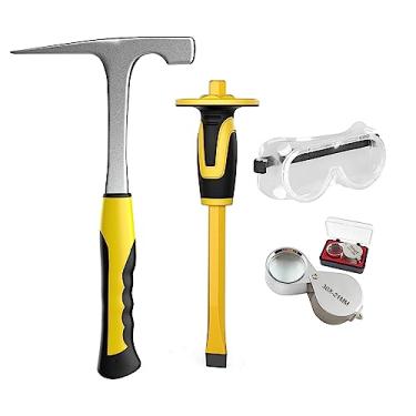 Imagem de TZDTMEOS Kit de martelo de picareta geologia, ferramentas de martelo de geologia, martelo de rocha de 947 g e cinzéis com lupa de joalheiro, óculos. Conjunto de ferramentas para caça de rochas, caça, mineração e prospecção de ouro, quebra de pedras