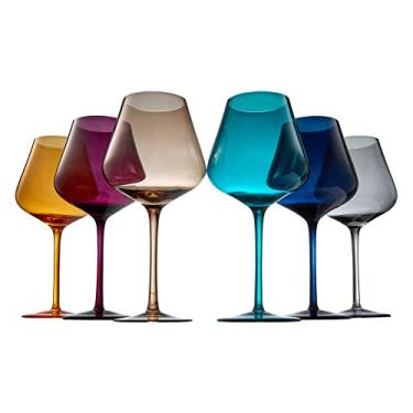 Imagem de Conjunto de 6 taças de vinho de cristal colorido Jewel para presente para mães, ela, esposa, amiga - cores de inverno e outono 590 ml copos, estilo italiano alto para bebidas vermelho e branco,