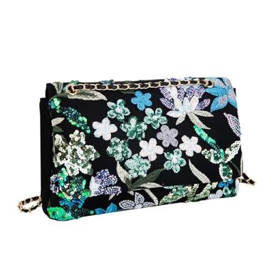 Imagem de Abvokury Bolsa de ombro floral bordada com lantejoulas, corrente preta e dourada, bolsa de mão para noite para festa de casamento, Preto