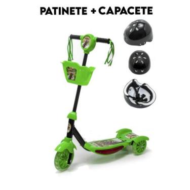 Imagem de Patinete Dino 3Rodas Luz Som E Cesto Menino Menina Capacete - DM Toys