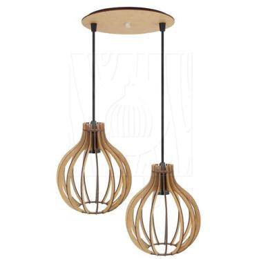Imagem de Luminária Pendente Duplo Madeira Bali 20cm CR Rústico E27 - Madelumi