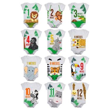 Imagem de Kit Body Bebê Mesversario Safari Animais Selva 1 a 12 Meses - Calupa, 