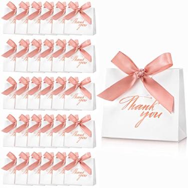 Imagem de Pacote com 32 sacos pequenos de presente de agradecimento com fita de laço de ouro rosa, sacos de lembrancinha de festa de casamento, mini papel branco, caixa de agradecimento para casamento, chá de panela, aniversário, chá de bebê, 11 x 4 x 9 cm