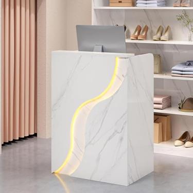 Imagem de Mesa de recepção moderna com balcão, mesa de recepção com luzes LED, balcão de recepção de varejo com gavetas, mesa de boas-vindas moderna para saguão, escritório, salão de beleza, branca 1,80 cm
